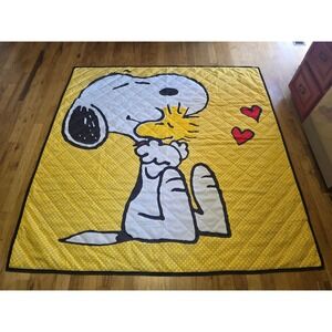 Peanuts Snoopy Woodstock Quilted Blanket 80x80 Yellow Polka Dot Heart Reversible
